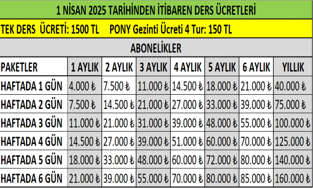 1 Nisan 2025 Eğitim Ücretlerimiz